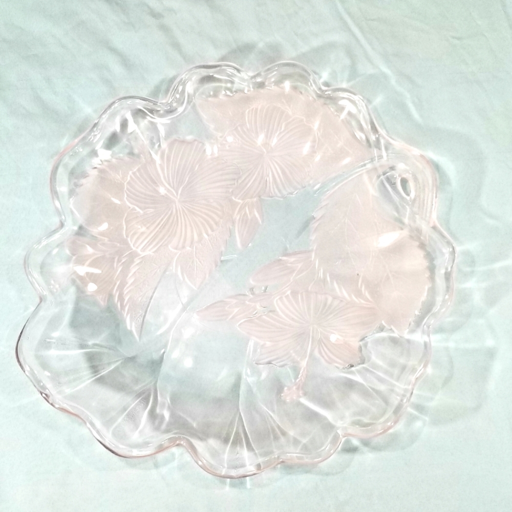 Glass Scalloped Serving Platter With Hibiscus Embossed Pattern 13 1/2" across.